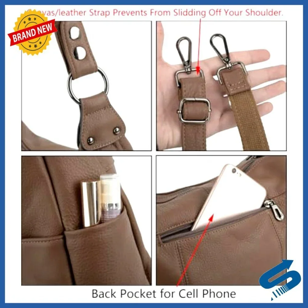 Genuine Leather Hobo Bag with Crossbody Strap, Double Zipper Pockets
